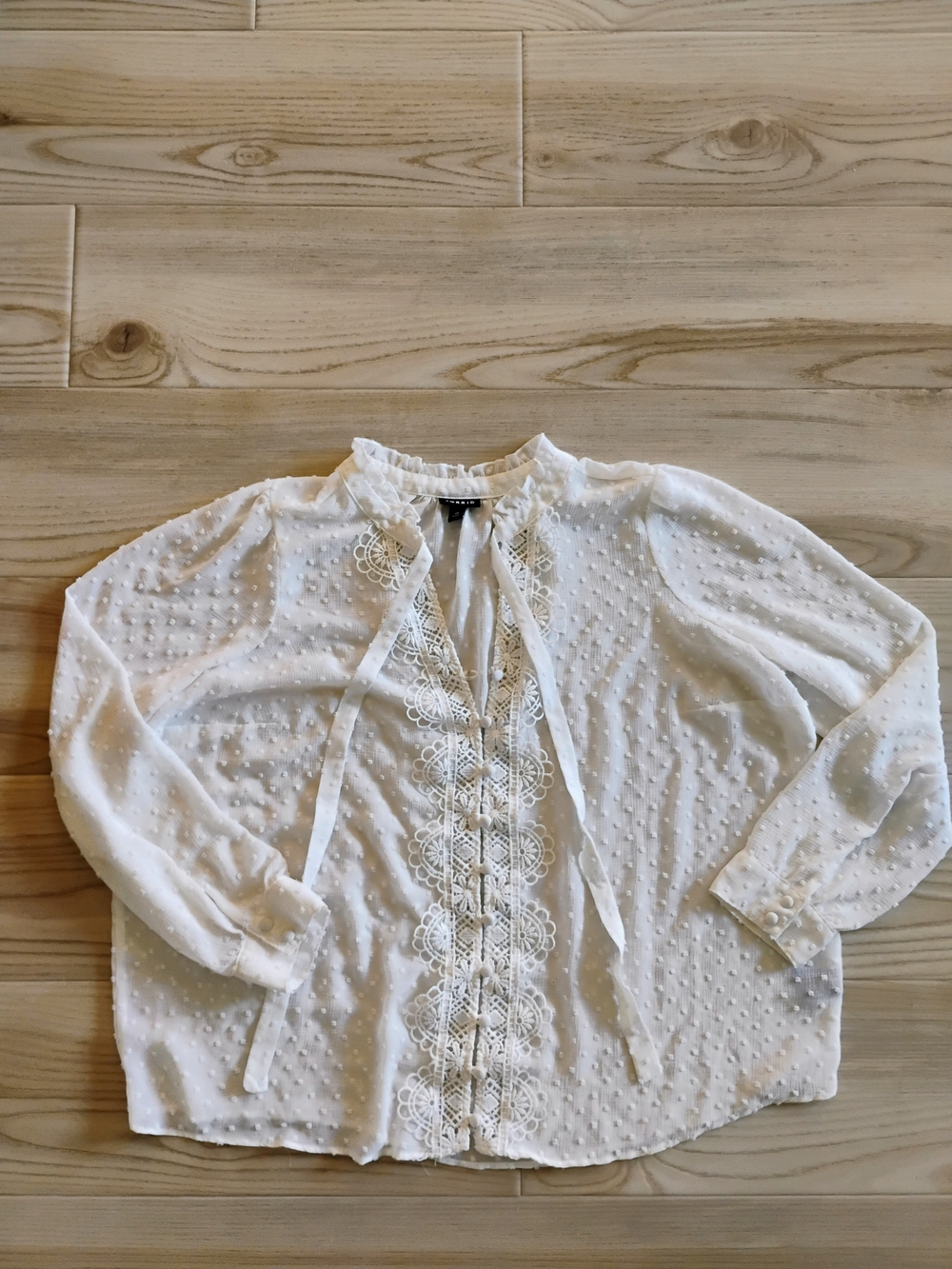 torrid White Swiss Dot Lace-Trim Tie-Neck Blouse - Women